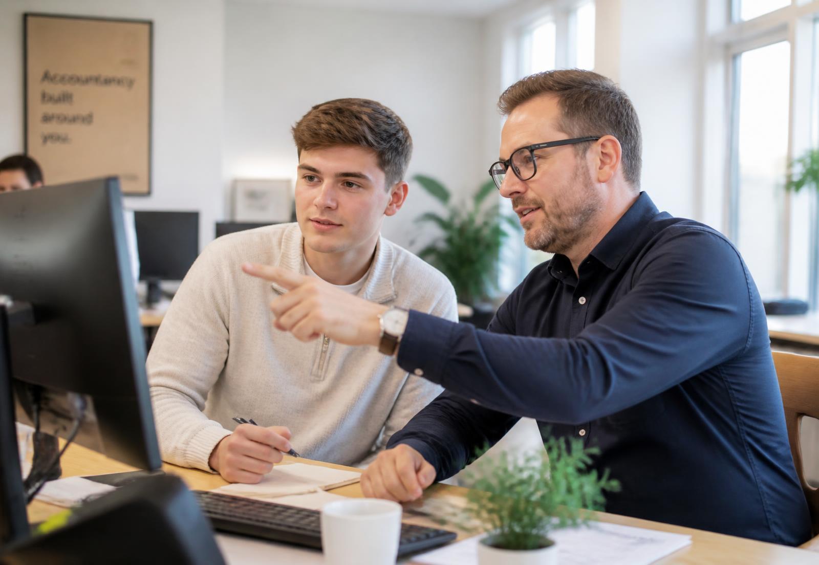 A senior accountant mentoring a junior colleague